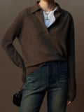 Fongt And Winter Gray Bottom V-Neck Small Collar Wool Sweater Women Loose High-End Knitted Shirt With Long Sleeve Top