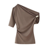 Fongt Bare Shoulder Metal Set Asymmetric Top 2025 Spring And Summer Folding Trim Short-Sleeved Women's T-Shirt