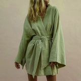Lace Up Women V-Neck Kimono Cardigan Mini Dress Cotton Linen Long Sleeve Sashes Dresse Robe Style Summer Loose
