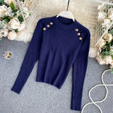 Sleeve O-neck High Quality Sweater Shirts With Decorated Buttons Girls Stretchy Crop Tops Autumn Sweaters Pullovers Women-Outfit