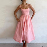 Fongt Women's New 2025 Spring Dress Solid Color Sexy U-Neck Waist Folding Sling Dress