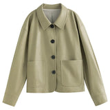 Polo Collar Full Drop Sleeve Leather Jacket Loose Short Straight Jacket Office Lady Solid Single Breasted