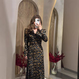 Fongt New Women's V-Neck Print Long Sleeve Open Fork Thin Waist Dress