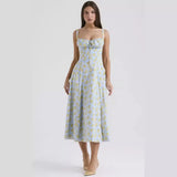 Fongt New Sexy Bare Back Sling Dress Holiday Breeze Flower Fork Long Skirt