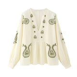 Fongt Spring V-Neck Lantern Sleeves National Style Embroidery Shirt Trend Sleeves
