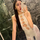 Sexy Jacquard Hollow Sleeveless Solid Color High