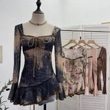 Fongt And Summer New French Style Tie Dyed Horn Long-Sleeved Lace Side Design T-Shirt 9980