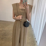Chic Summer Retro Square Collar Collect Waist Show Thin Loose Versatile Long Sleeveless Jumpsuit Wide Leg Pants Woman-Outfit