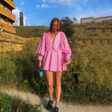 Fongt Women's Pink Checked Butterfly Collar Long-Sleeved Dress Temperament Fashion Design Sense A Line Skirt-Outfit