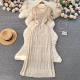 Fongt Korean Ins Short Sleeve V-Neck Hepburn Style Temperament To Show Thin Dress Women's Waist Bag Hips Long Skirt Tide