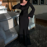 Fongt New Black Strap Slim Satin Dress Fall Women's Horn Sleeves Wrapped Hip Dress-Outfit