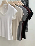 Version Simple Solid Color Threaded U-Collar Short-Sleeved T-Shirt Women Summer New Style Slim Look Thin Pure Desire Hot Girl Blouse Girl-Outfit
