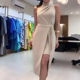 Fongt 2024 New Women's Round Collar Pleated High Waist Solid Color Sleeveless Dress-Outfit