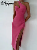 Elegant Neon Sexy Y2K Outfits Inclined Shoulder Sleeveless Backless Side Slit Bodycon Midi Dresses For Women Club