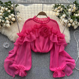 Fongt Sense Irregular Flounce Mesh Shirt Female Spring Autumn Sleeve Fold Small Slim Chic Jacket Tide-Outfit
