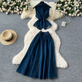 Fongt Age-Down Suit Women's Summer Ripe Wind Folds Back-Clip-Free Denim Blouse + High Waist Half