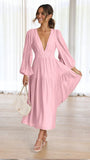 Fongt Autumn And Winter V Collar Waist Show Thin Pleated Long Sleeve Small Fresh Dress Female 23051-Outfit