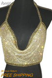 Women Backless Luxury Rhinestone Camis Crop Top Fashion Chunky Metal Chain Diamond Hollow Out Plunge Halter Tank