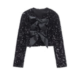 Fongt New Fashion Temperament Women's Long-Sleeved Bow Decorated With A Glide Coat Top