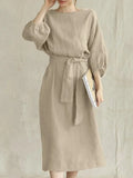 Dress Women 2023 New Cotton Linen Solid Lace Up Casual Oversize O Neck Chic Long Sleeve Midi Dresses for Women with Belt-Outfit
