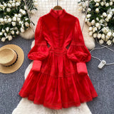 Fongt Court Lantern Sleeve Dress Girl Spring Hook Flower Embroidery Design Famous Light Luxury Royal Sister Temperament Dress