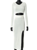 Knit Two Piece Women Sets O Neck Slim Top Ankle Length Side Split Skirt Streetwear Fall Lady Elegant Sexy Skirt