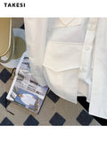 Summer Fashion Casual Loose Long Sleeve Single Breasted Shirt Spring Women's Pockets Turn-Down Collar Bow White Blouse