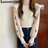 Women's O Neck Lantern Sleeve Spliced Sweater Korean Sweet Casual Knit Tops Bow Printed Pullover Soft Slim Knitwear