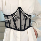 Fongt Autumn New Short Gentle Lace Pearl Waist Seal Fish Bone Strap Decorative Waist Seal Outside