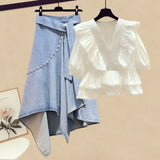Women Summer Two Piece Set Korean Ruffles Patchwork Short Sleeve V Neck Top And Irregular Denim Skirts Set For