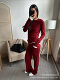 Fongt 2025 New Soft Model Set Women's Casual Blouse + Broad Legs Christmas Red Two-Sleeve