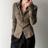 Retro Pleated Lapel Breasted Slim Fit Denim Shirt For Women-Outfit