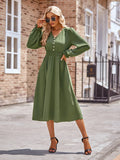 Fongt Autumn And Winter New Women's V Collar Waist Solid Color Long Dress-Outfit