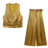 Fongt New Gold Button-Up Silk-Sense Blouse 7484091 Belt Silk-Sense Wide Leg Trousers 1478078