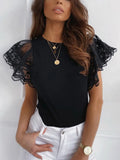 Women Butterfly Short Sleeve Tshirts Summer Lace Cotton T-shirt Tops Casual O Neck Tee Tops Slim Mesh Chiffon White Lady