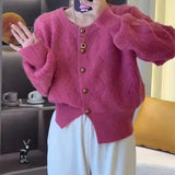 Fongt Winter New Round Collar Small Fragrant Wind Small Single Breasted Cardigan Sweater Versatile Thick Knit Jacket Female-Outfit