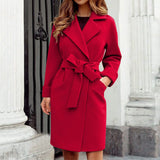 Women Hot Pink Trench Coat Casual Mid Long Overcoat Lapel Open Front Cardigan Outwear Woolen Boot Winter Jackets for Women-Outfit