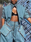 Fongt 2024 New Niche Design Feel Tooling Wind Denim Jacket Women's High Waist Loose Show Thin Short Jacket-Outfit