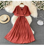 Fongt New V-Neck Short-Sleeved Dress Over Knee-Repaired Lady's Waist Tie Mid-Slap Dress
