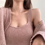Autumn Winter Women With Camis Crop Knitted Cardigan Sweater Jumper 2 Piece