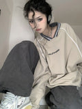 Print V Neck Patchwork Sweatshirt-Outfit