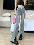 Fongt Slit Micro Horn Jeans Female Design Sense Niche Pink Strap High Waist Show Skinny Hot Girl Pants-Outfit