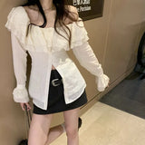 Neck Shirts Women Streetwear Ruffles Flare Long Sleeve Slim Blouses Office Lady Korean Elegant Off Shoulder Casual Tops-Outfit
