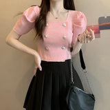 Fongt New French Gentle Style Design Double Buckle Bubble Sleeve T-Shirt Knitted Short