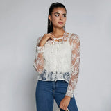 See Through Lace Chiffon Blouse Women Sweet French Square Collar Flower Lace-up Mesh Shirt Loose Long Sleeve Top