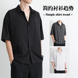 Men's Summer Loose Thin Ice Silk Short-Sleeved White Five-Sleeve Shirt Youth Breathable Cardigan Half-Sleeved Shirt-Outfit