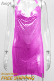 Luxury Sequined Low Cut Halter Mini Dress Backless Patchwork Split Sleeveless Hollow Out Party Sexy Women Solid