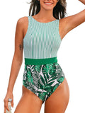 Fongt New Print Striped One-Piece Bikini Swimsuit Sexy Leaf Patchwork Triangle Women's