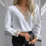 Lace Crochet Satin Silk Chiffon Shirt Women Long Sleeve Woman Blouses Tops V Neck Solid Embroidery Shirts Blusas