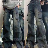 Zip Up Cargo Pocket Straight Leg Washed Jeans-Outfit